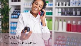  Presentation with medication - PPT theme with african-american-woman-pharmacist-holding background and a mint green colored foreground
