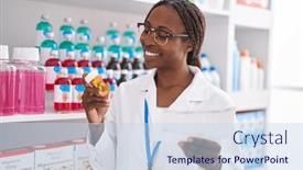  Presentation with prescription - PPT theme featuring african-american-woman-pharmacist-holding background and a sky blue colored foreground