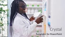  Presentation with prescription - Presentation design consisting of african-american-woman-pharmacist-reading background and a light gray colored foreground