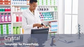  Presentation with scanning - PPT theme with african-american-woman-pharmacist-scanning background and a gray colored foreground