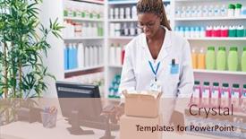  Presentation with scanning - Presentation theme featuring african-american-woman-pharmacist-scanning background and a soft green colored foreground