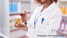  Presentation with scanning - PPT layouts enhanced with african-american-woman-pharmacist-scanning background and a sky blue colored foreground