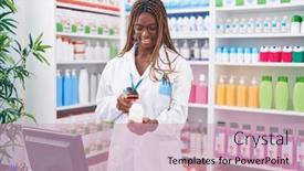  Presentation with scanning - Presentation theme featuring african-american-woman-pharmacist-scanning background and a soft green colored foreground