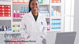  Presentation with african woman - Presentation theme consisting of african-american-woman-pharmacist-smiling background and a light gray colored foreground