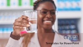  Presentation with shake hand - Presentation design featuring african-american-woman-pharmacist-smiling background and a violet colored foreground