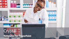  Presentation with pharmacy - Presentation consisting of african-american-woman-pharmacist-talking background and a dark gray colored foreground