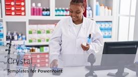  Presentation with credit card - Presentation design consisting of african-american-woman-pharmacist-using background and a  colored foreground