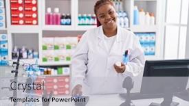  Presentation with credit card - Presentation design with african-american-woman-pharmacist-using background and a light gray colored foreground