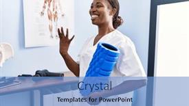  Presentation with rehab - Presentation design featuring african-american-woman-physiotherapist-holding background and a  colored foreground