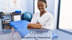  Presentation with rehab clinic - Presentation consisting of african-american-woman-physiotherapist-smiling background and a light blue colored foreground