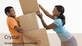  Presentation with african people boxing - PPT theme having african american woman placing boxes background and a coral colored foreground