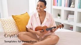  Presentation with ukulele - Presentation theme enhanced with african-american-woman-playing-ukulele background and a coral colored foreground
