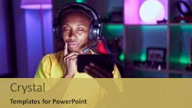  Presentation with african american woman question - Slide set having african-american-woman-playing-video background and a yellow colored foreground