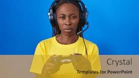  Presentation with video games playing - Slide set featuring african-american-woman-playing-video background and a  colored foreground