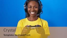  Presentation with video games playing - Presentation featuring african-american-woman-playing-video background and a gold colored foreground