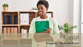  Presentation with psychology - PPT layouts consisting of african-american-woman-psychologist-holding background and a coral colored foreground