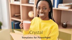  Presentation with coffee book - PPT theme enhanced with african-american-woman-reading-book background and a yellow colored foreground