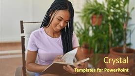  Presentation with reading table - PPT theme featuring african-american-woman-reading-book background and a tawny brown colored foreground