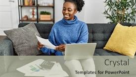  Presentation with accounting - Presentation theme having african-american-woman-reading-document background and a mint green colored foreground