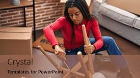  Presentation with repair - Slide deck having african-american-woman-repair-chair background and a coral colored foreground