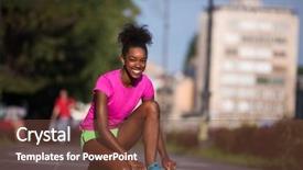  Presentation with woman runner - Presentation design with african american woman runner tightening shoe lace - fitness people and healthy lifestyle background and a tawny brown colored foreground