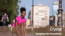  Presentation with woman runner - Cool new presentation theme with african american woman runner tightening shoe lace - fitness people and healthy lifestyle backdrop and a coral colored foreground