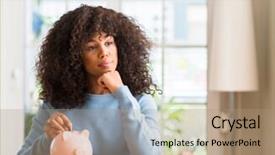  Presentation with african american woman question - Slide deck enhanced with african american woman saves money background and a coral colored foreground
