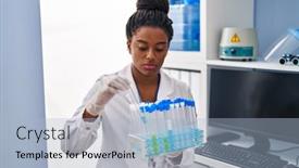  Presentation with test tubes - PPT theme having african-american-woman-scientist-holidng background and a light blue colored foreground