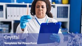  Presentation with test tube laboratory - PPT theme enhanced with african-american-woman-scientist-reading background and a ocean colored foreground