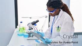  Presentation with report - Theme with african-american-woman-scientist-writing background and a light blue colored foreground