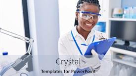  Presentation with report - Slide set enhanced with african-american-woman-scientist-writing background and a light blue colored foreground