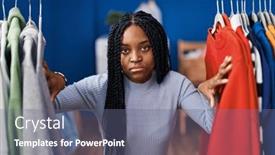  Presentation with simple - Theme having african-american-woman-searching-clothes background and a gray colored foreground
