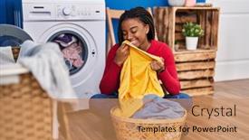  Presentation with laundry room - PPT theme enhanced with african-american-woman-smelling-towel background and a coral colored foreground