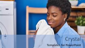  Presentation with laundry room - Theme featuring african-american-woman-smelling-towel background and a light blue colored foreground
