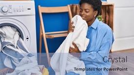  Presentation with laundry room - PPT layouts having african-american-woman-smelling-towel background and a light blue colored foreground