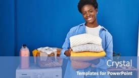  Presentation with laundry room - Theme with african-american-woman-smiling-confident background and a teal colored foreground