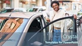  Presentation with car door - Slide set having african-american-woman-smiling-confident background and a ocean colored foreground