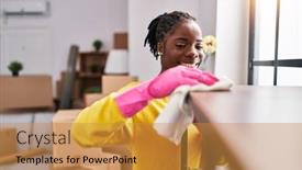  Presentation with new home - Presentation consisting of african-american-woman-smiling-confident background and a gold colored foreground