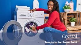  Presentation with laundry detergent - Slide set with african-american-woman-smiling-confident background and a ocean colored foreground