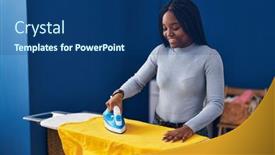  Presentation with laundry room - PPT theme enhanced with african-american-woman-smiling-confident background and a ocean colored foreground