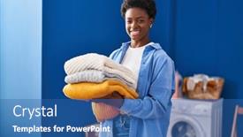  Presentation with laundry room - Presentation theme having african-american-woman-smiling-confident background and a ocean colored foreground
