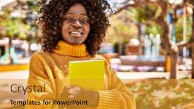  Presentation with confident - PPT theme with african-american-woman-smiling-confident background and a gold colored foreground