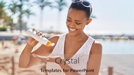  Presentation with sunscreen - Presentation design consisting of african-american-woman-smiling-confident background and a coral colored foreground