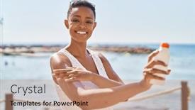  Presentation with sunscreen - PPT theme having african-american-woman-smiling-confident background and a coral colored foreground