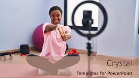  Presentation with stretch - Slides enhanced with african-american-woman-smiling-confident background and a coral colored foreground