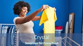  Presentation with laundry room - PPT layouts consisting of african-american-woman-smiling-confident background and a ocean colored foreground