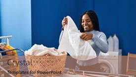  Presentation with laundry room - Presentation design consisting of african-american-woman-smiling-confident background and a coral colored foreground