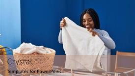  Presentation with laundry room - PPT theme having african-american-woman-smiling-confident background and a coral colored foreground