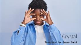  Presentation with blue eyes - Slide deck consisting of african-american-woman-standing-over background and a light blue colored foreground