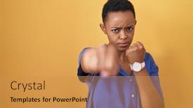  Presentation with violence woman - Presentation theme featuring african-american-woman-standing-over background and a gold colored foreground